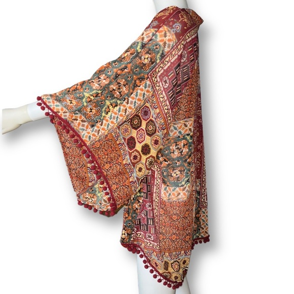 UMGEE Boho Patchwork Kimono with Pom Tassels Oversized Cover Up Top Brown M - Picture 3 of 7